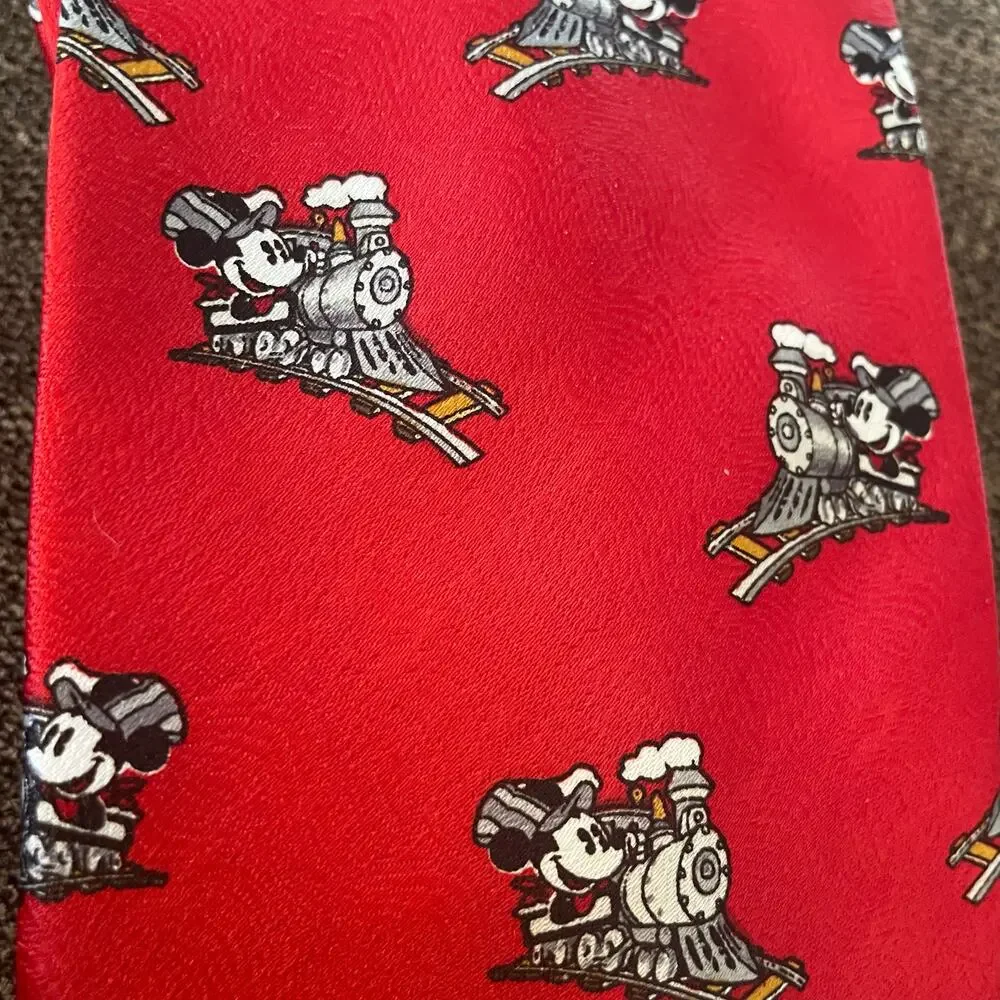Mickey Unlimited Red Mens Tie With Mickey Mouse on a Train